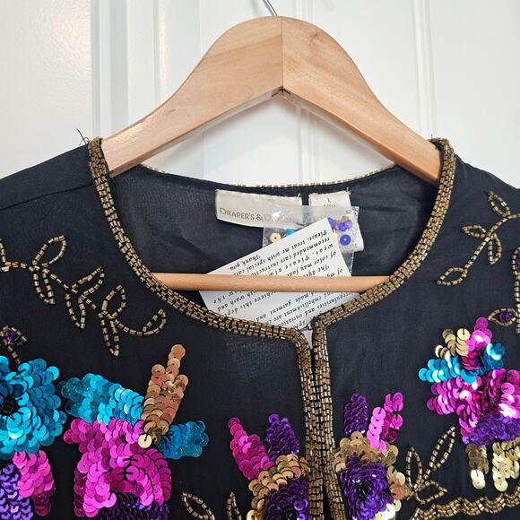 Vintage Silk Blazer Womens Sz Large Black Beaded 90s Floral Glam Elegant Evening - Picture 6 of 9